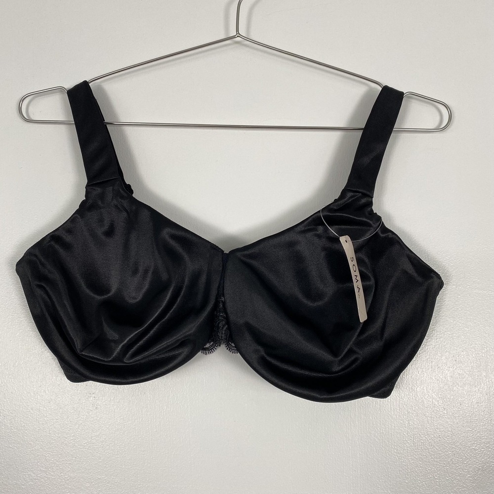 NWT Soma Sensuous Sides Minimizer Bra Womens 36G Black Satin Underwire Adjustabl